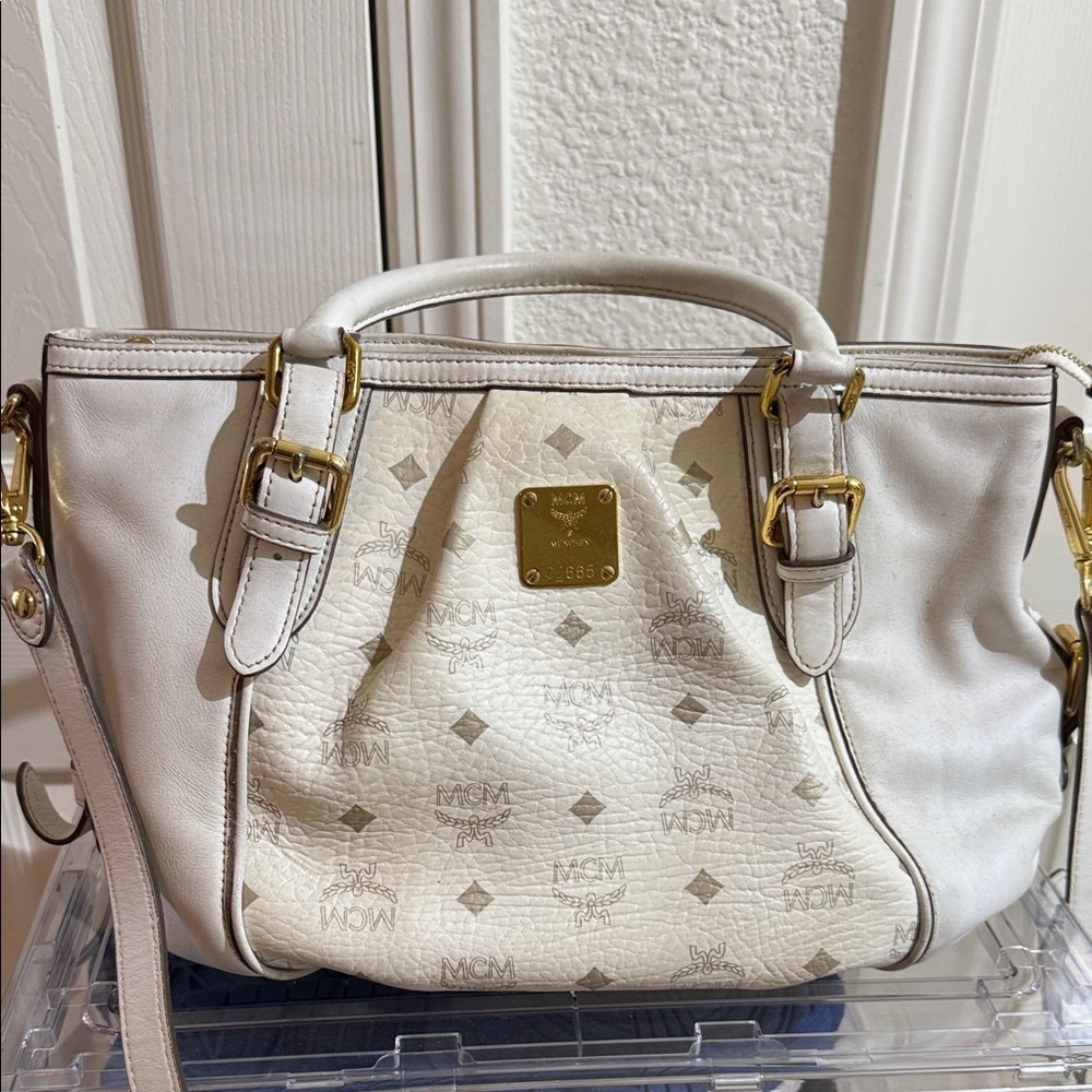 MCM Cream Satchel with Gold Accents